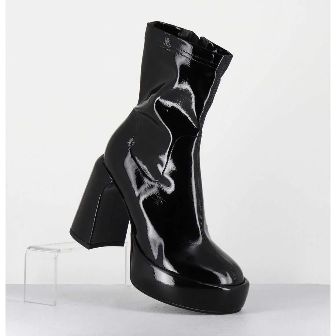 Boots A Plateforme Stretch Vernis Noir - E3527 Rain Nero