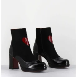 Boots A Talon En Cuir Noir & Coeur Rouge - Danlov Maserati Negro