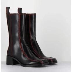 Boots Bout Carre Cuir Noir & Surpiqures Orange - Mariela Black Boots