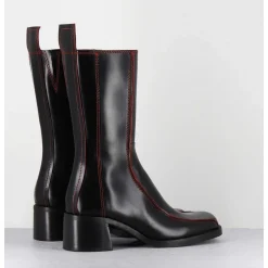 Boots Bout Carre Cuir Noir & Surpiqures Orange - Mariela Black Boots