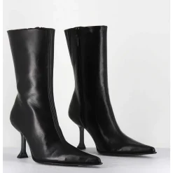 Boots Bout Poinntu En Cuir Noir & Talon Plexi - Marcela Black Boots