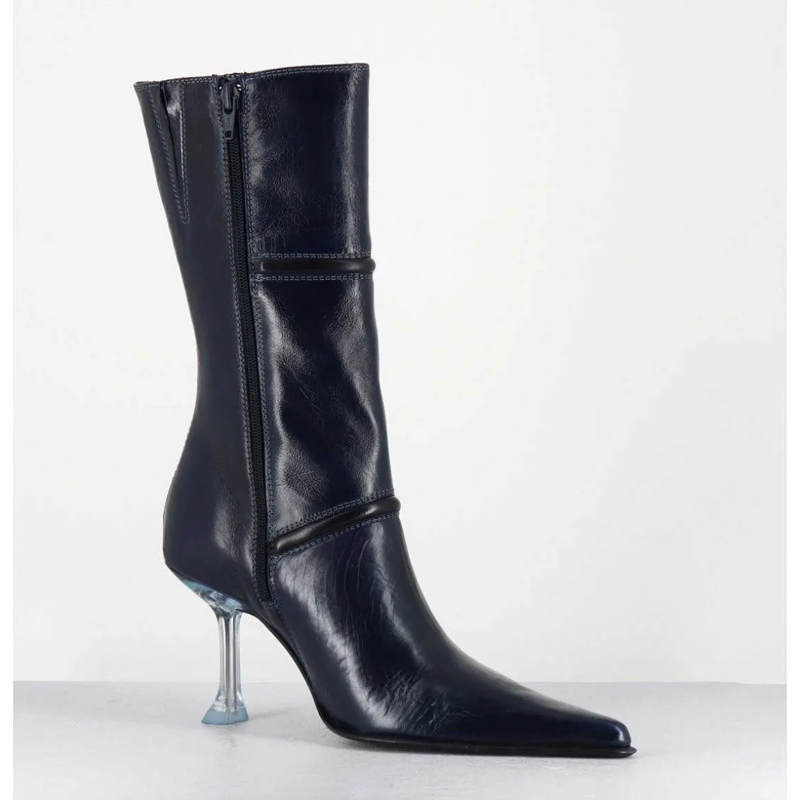 Boots Bout Pointu En Cuir Bleu & Talon Plexi - Sander Navy Boots
