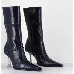Boots Bout Pointu En Cuir Bleu & Talon Plexi - Sander Navy Boots