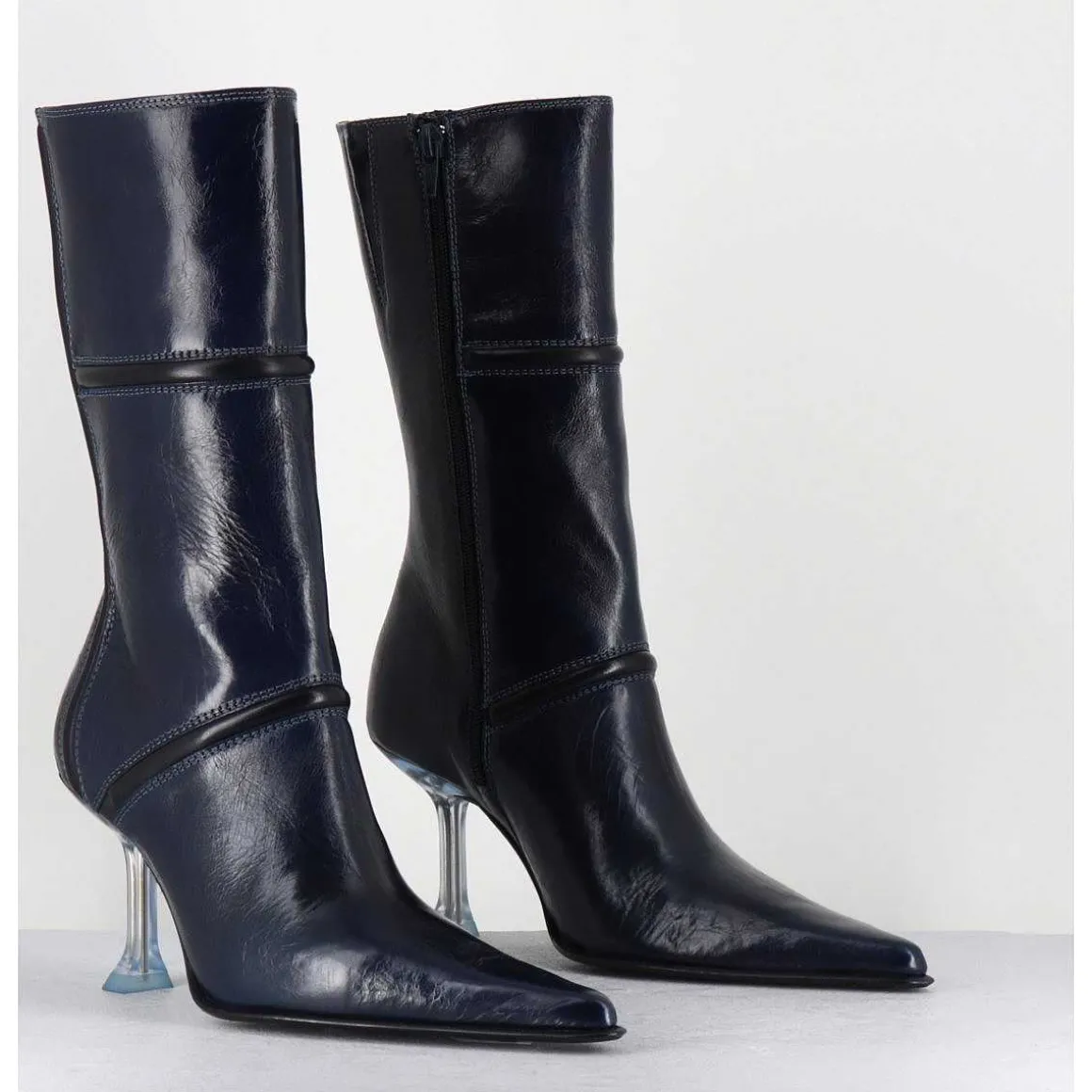 Boots Bout Pointu En Cuir Bleu & Talon Plexi - Sander Navy Boots