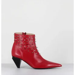 Boots Bout Pointu En Cuir Rouge A Clous - Knife Studs Cerise