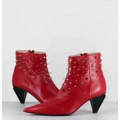 Boots Bout Pointu En Cuir Rouge A Clous - Knife Studs Cerise