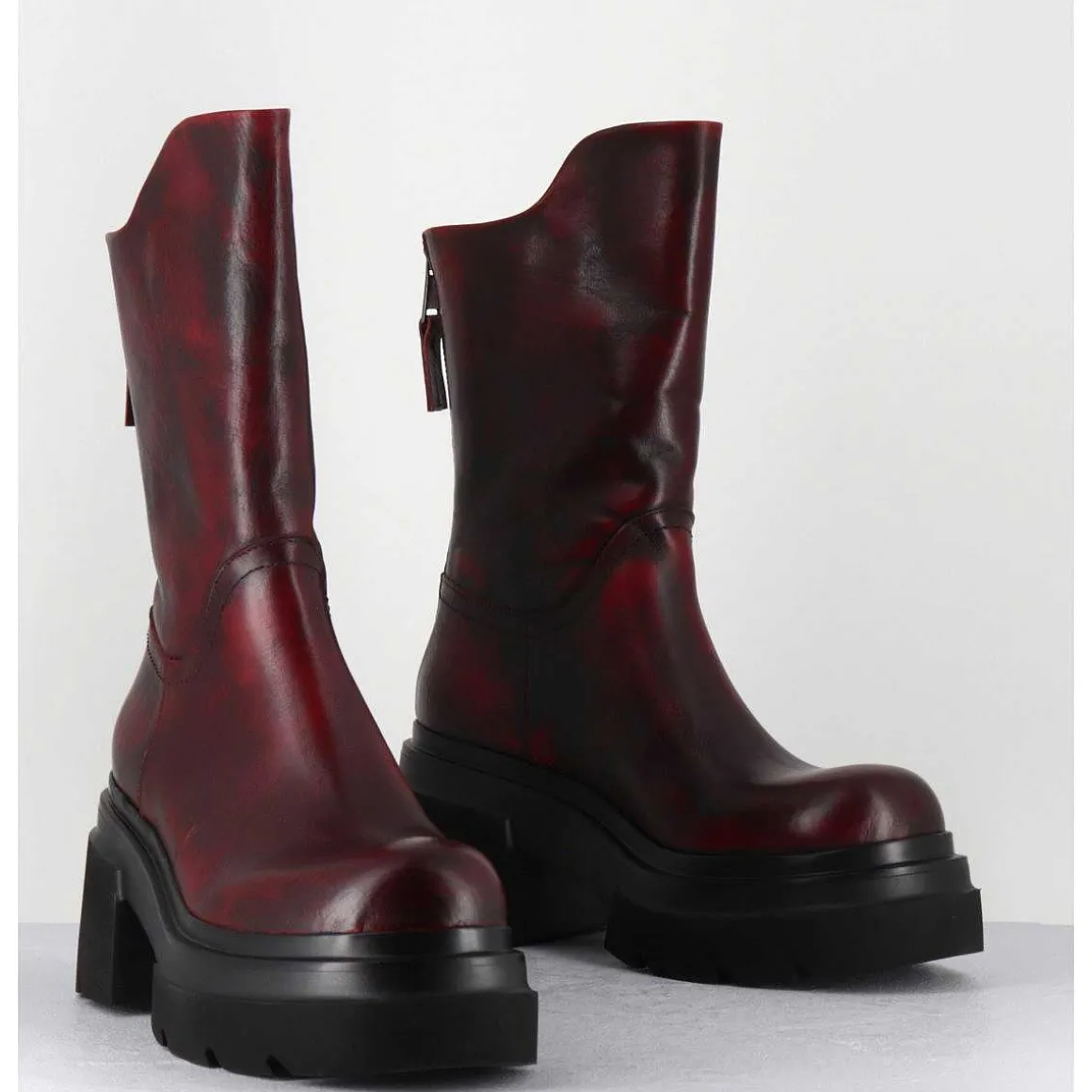 Boots Chunky En Cuir Vieilli Rouge Bordeaux - E3733 Beta Berry
