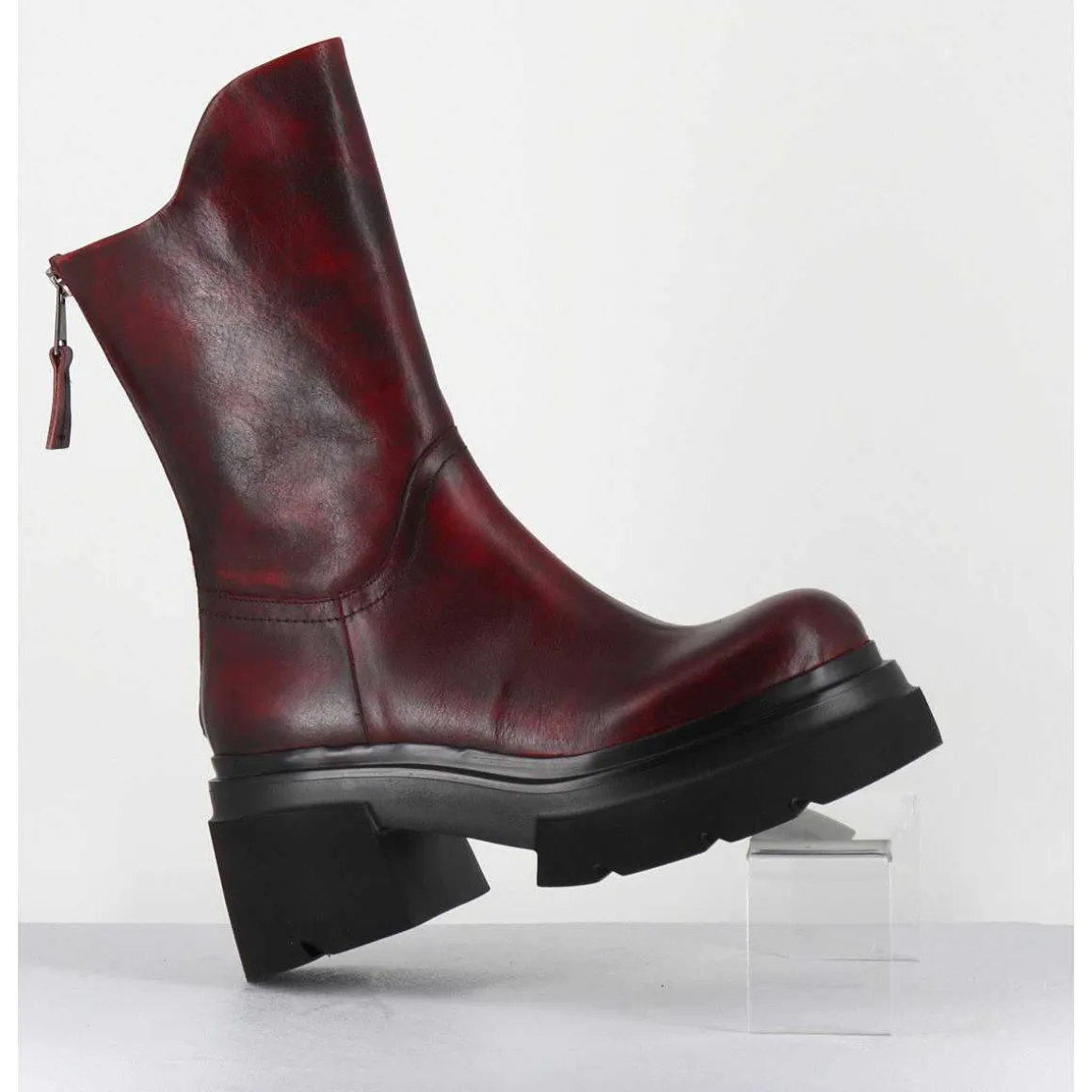 Boots Chunky En Cuir Vieilli Rouge Bordeaux - E3733 Beta Berry