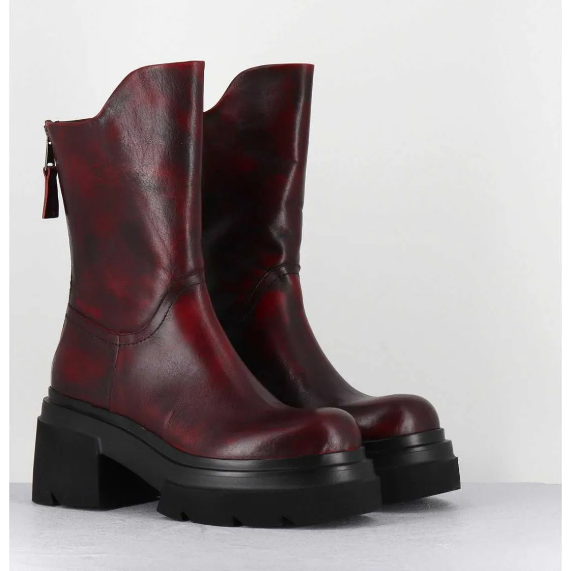 Boots Chunky En Cuir Vieilli Rouge Bordeaux - E3733 Beta Berry