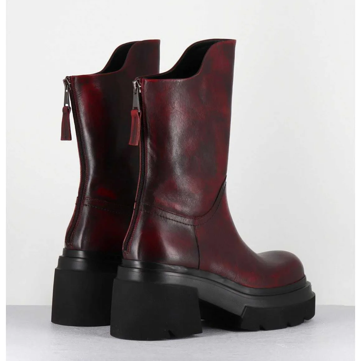 Boots Chunky En Cuir Vieilli Rouge Bordeaux - E3733 Beta Berry