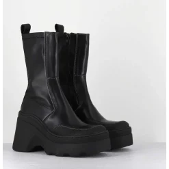 Boots Compensees En Cuir Noir Stretch - Deandra Black Boots