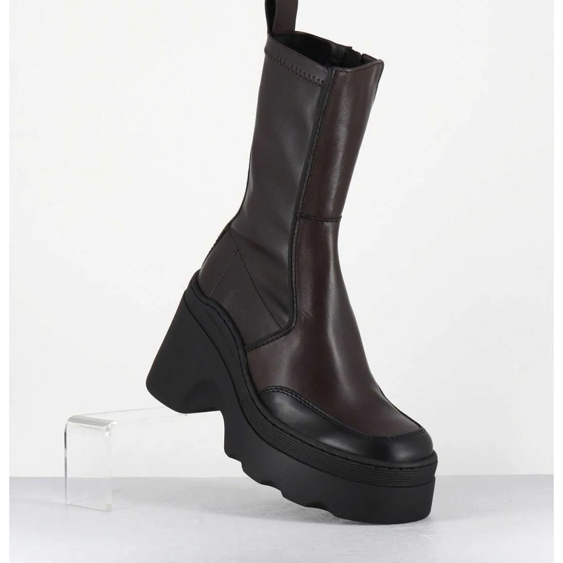 Boots Compensees En Cuir Marron Stretch - Deandra Brown Boots