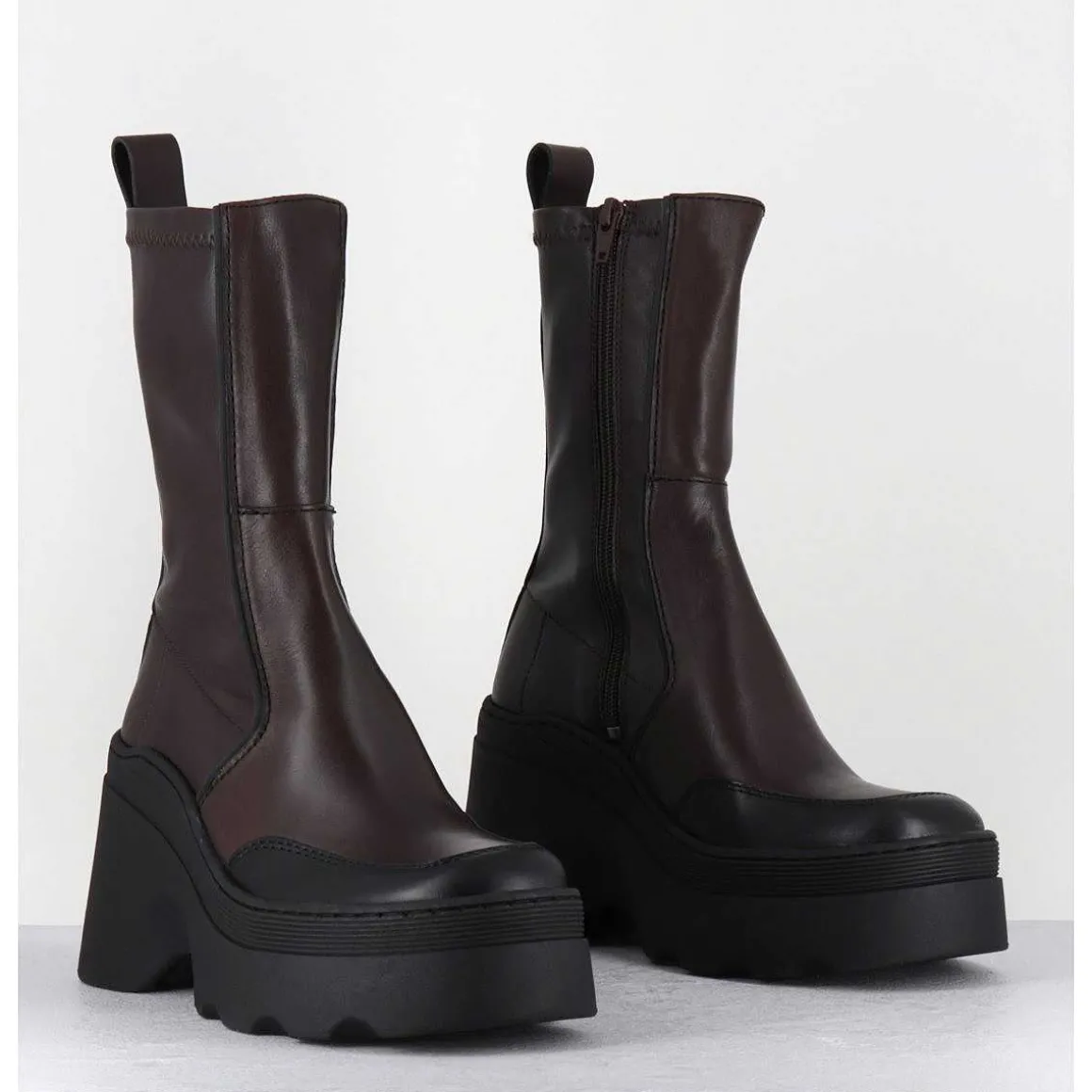Boots Compensees En Cuir Marron Stretch - Deandra Brown Boots