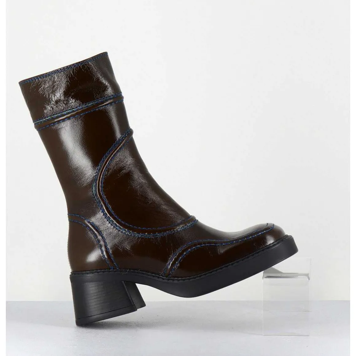 Boots Cuir Kaki Surpiqures Bleues 90'S - Malene Kaki Boots