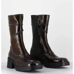 Boots Cuir Kaki Surpiqures Bleues 90'S - Malene Kaki Boots