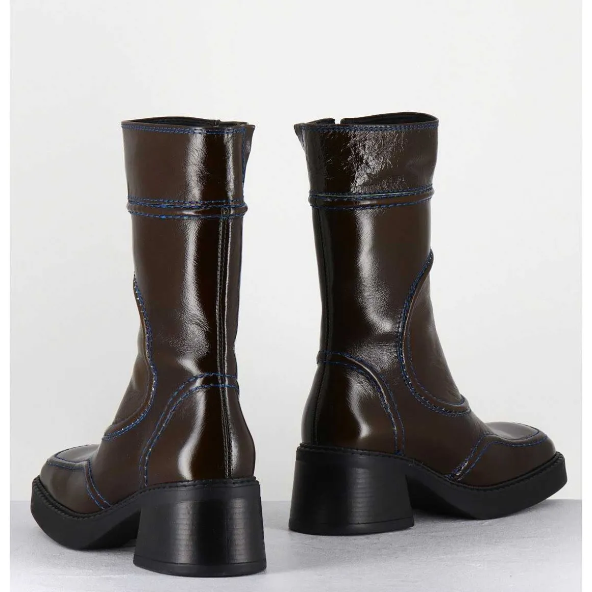 Boots Cuir Kaki Surpiqures Bleues 90'S - Malene Kaki Boots