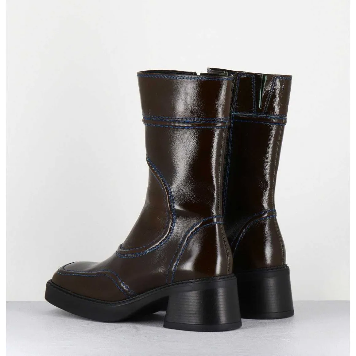 Boots Cuir Kaki Surpiqures Bleues 90'S - Malene Kaki Boots