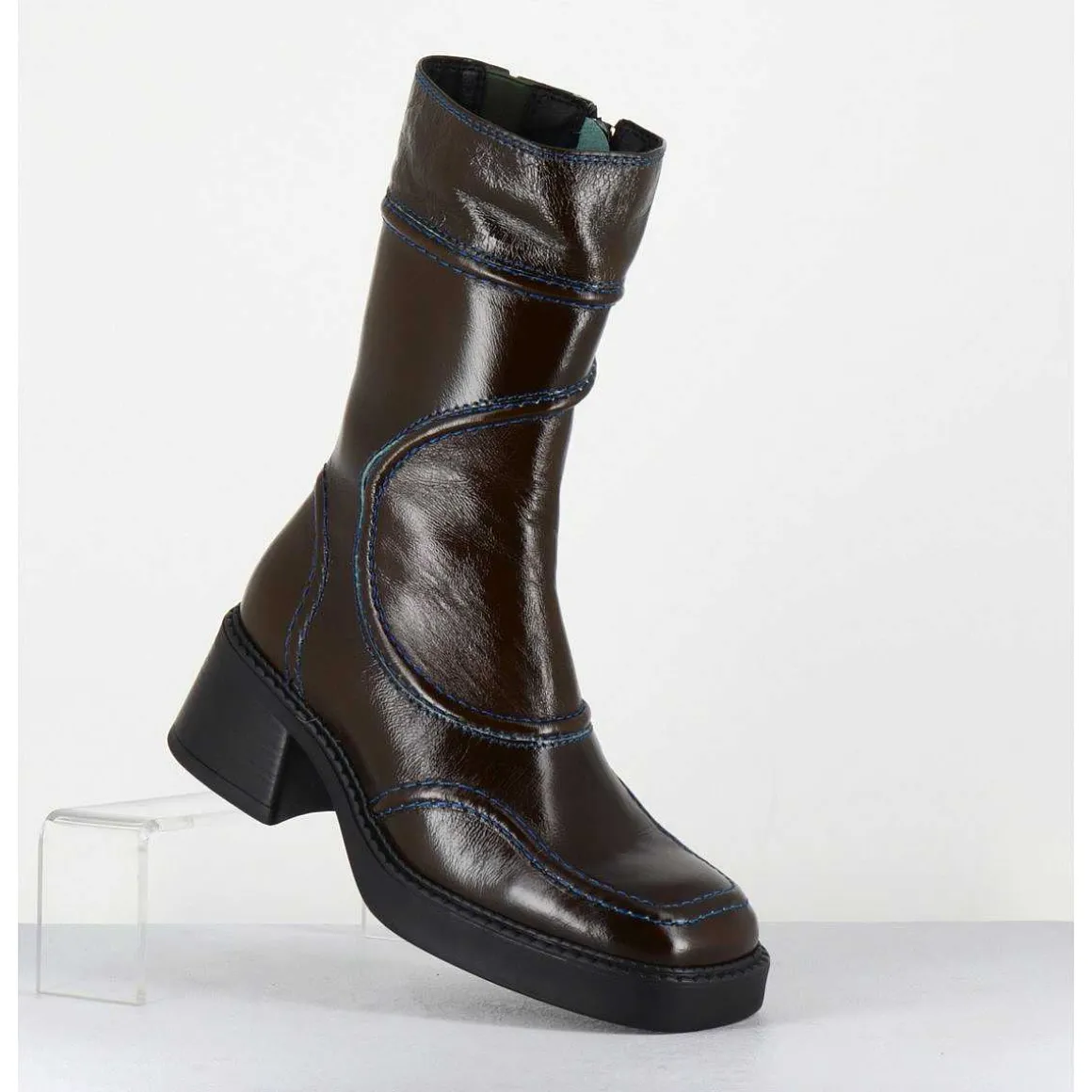 Boots Cuir Kaki Surpiqures Bleues 90'S - Malene Kaki Boots