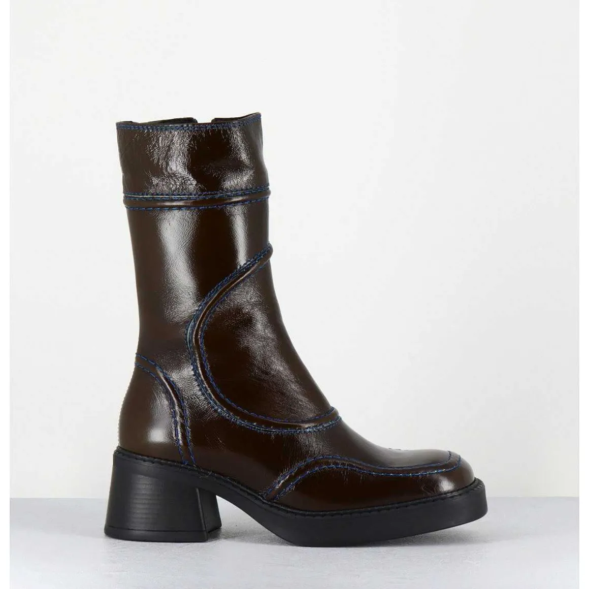 Boots Cuir Kaki Surpiqures Bleues 90'S - Malene Kaki Boots