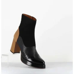 Boots Cuir Noir & Talon Beige Bout Pointu Fleuri - Fayu Maserati Negro