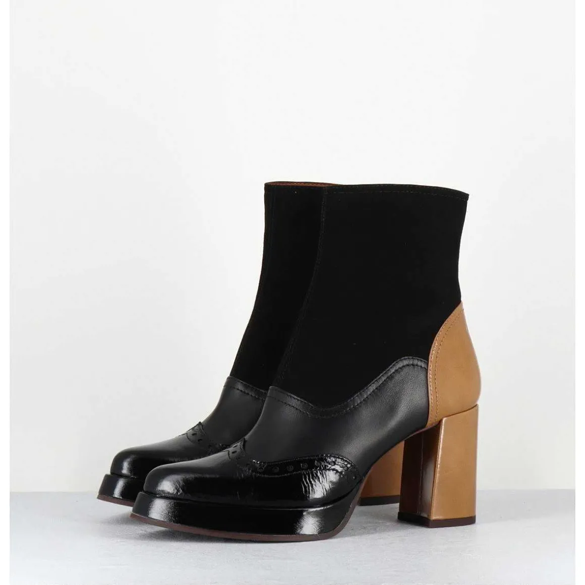 Boots Cuir Noir & Talon Beige Bout Pointu Fleuri - Fayu Maserati Negro