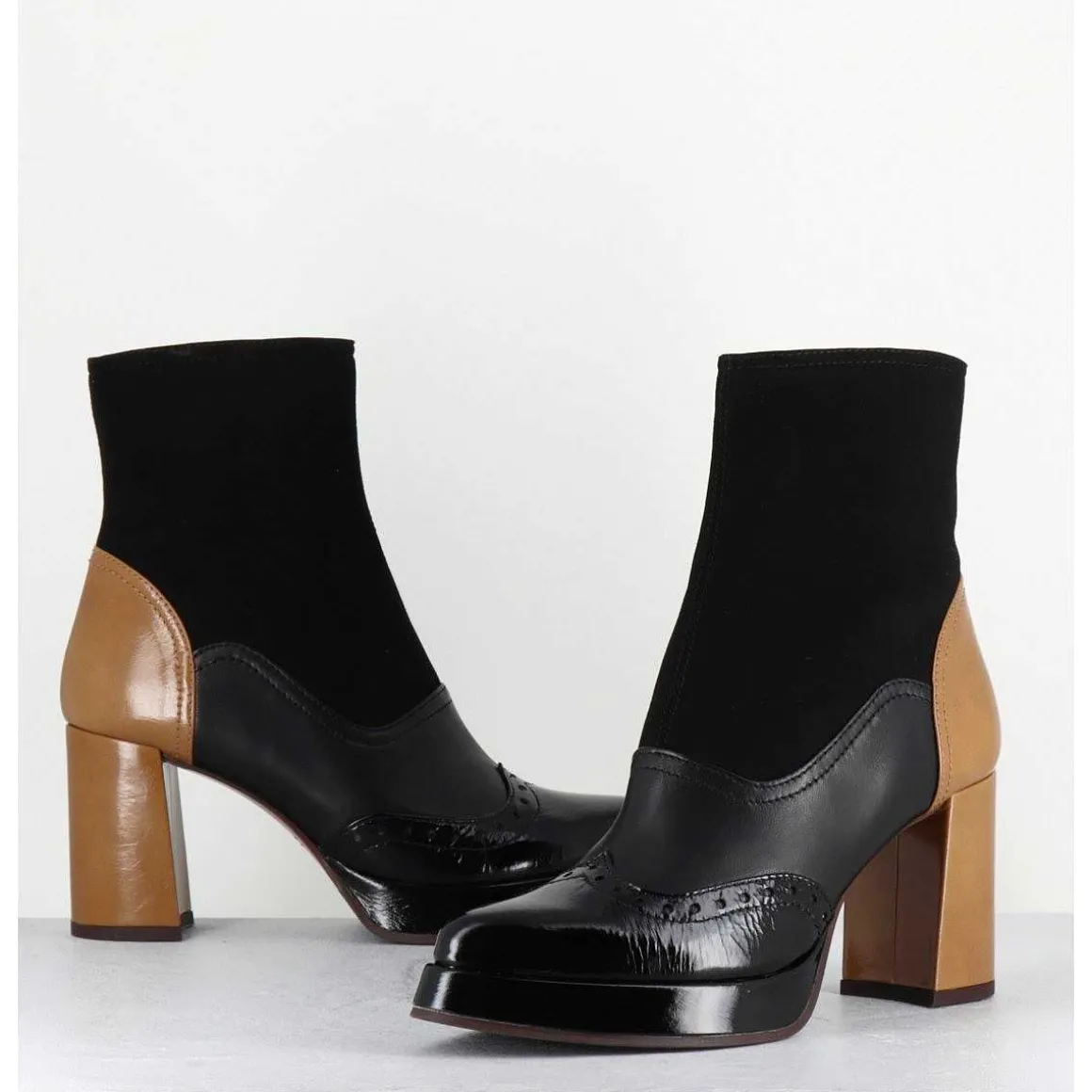 Boots Cuir Noir & Talon Beige Bout Pointu Fleuri - Fayu Maserati Negro