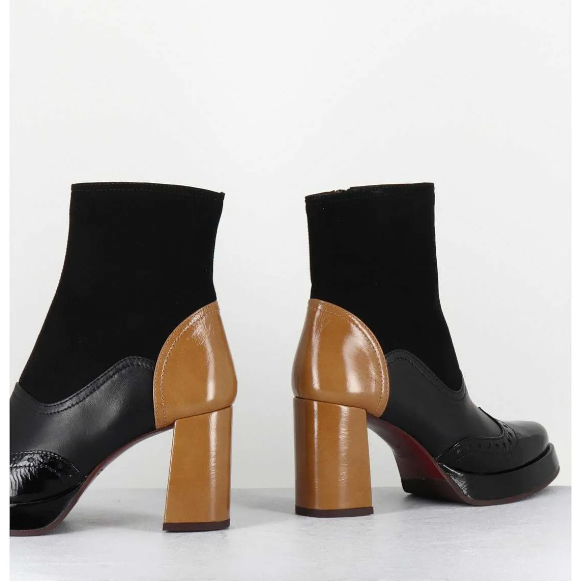 Boots Cuir Noir & Talon Beige Bout Pointu Fleuri - Fayu Maserati Negro