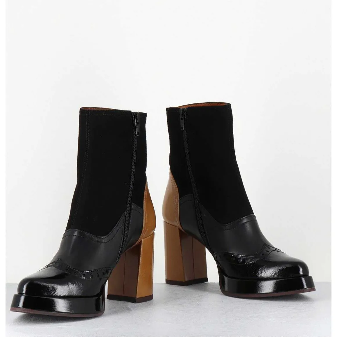 Boots Cuir Noir & Talon Beige Bout Pointu Fleuri - Fayu Maserati Negro
