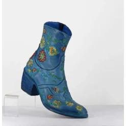 Boots En Cuir Bleu Broderies Fleurs - 3207C Alfa Cielo
