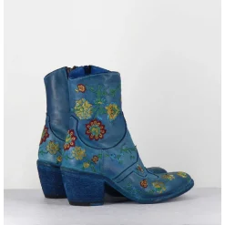 Boots En Cuir Bleu Broderies Fleurs - 3207C Alfa Cielo