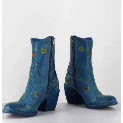 Boots En Cuir Bleu Broderies Fleurs - 3207C Alfa Cielo