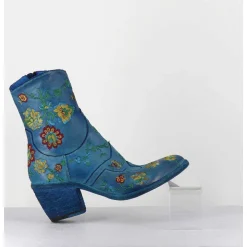 Boots En Cuir Bleu Broderies Fleurs - 3207C Alfa Cielo