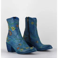 Boots En Cuir Bleu Broderies Fleurs - 3207C Alfa Cielo