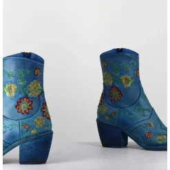Boots En Cuir Bleu Broderies Fleurs - 3207C Alfa Cielo