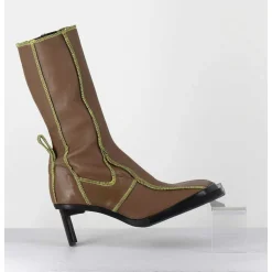 Boots En Cuir Marron Coutures Graphiques Vertes - Eimi Green Boots