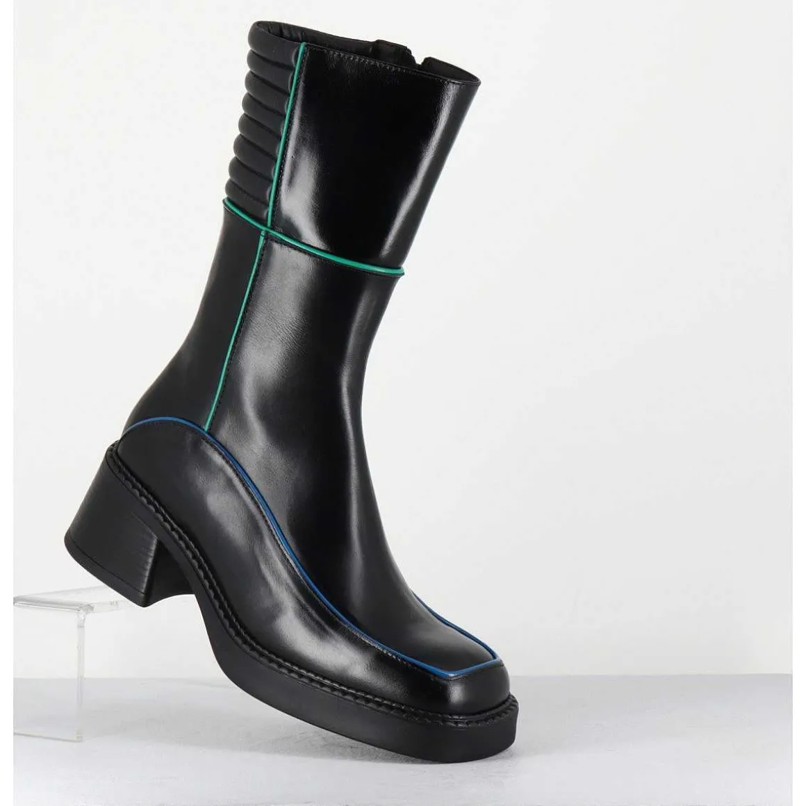 Boots En Cuir Noir & Surpiqures Vert + Bleu - Kerri Black Boots