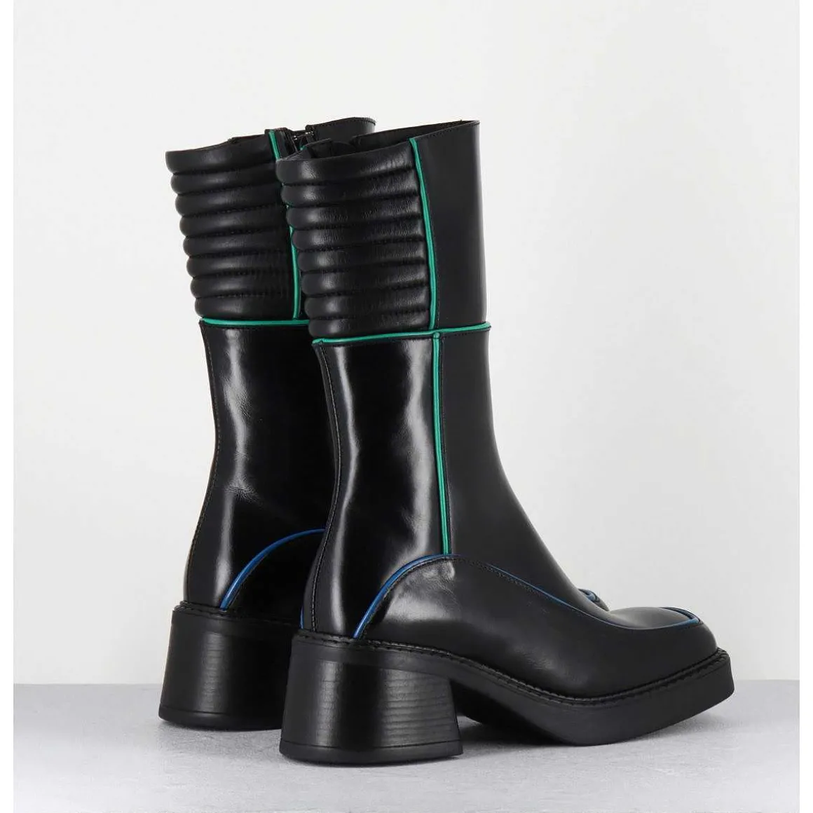 Boots En Cuir Noir & Surpiqures Vert + Bleu - Kerri Black Boots