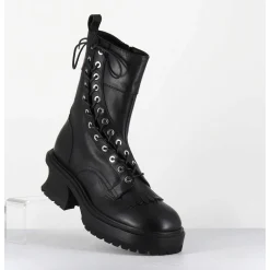 Boots En Cuir Noir Corset Semelle Epaisse - Caro Nero