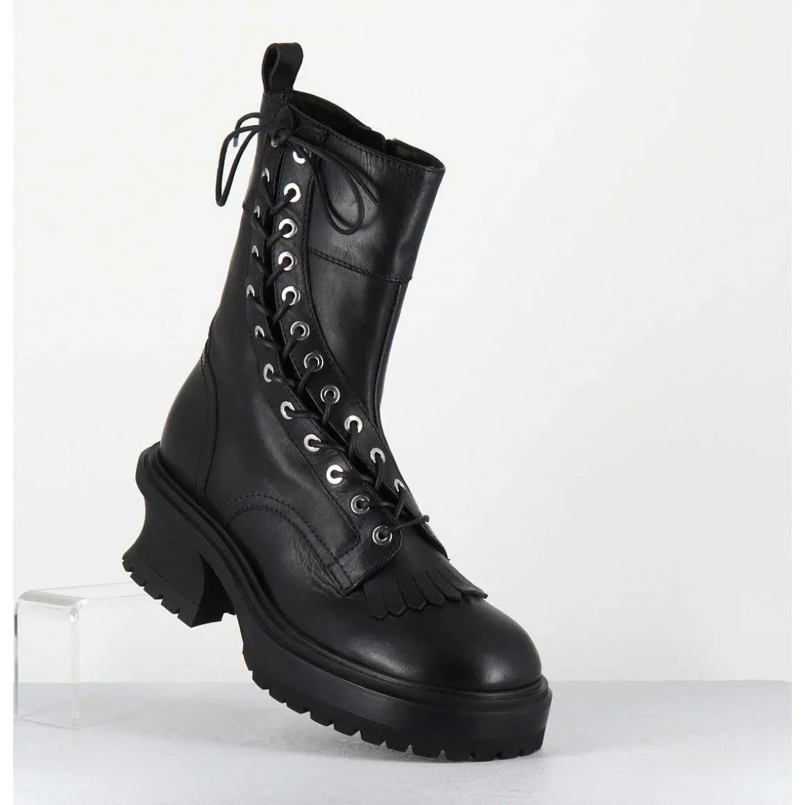 Boots En Cuir Noir Corset Semelle Epaisse - Caro Nero