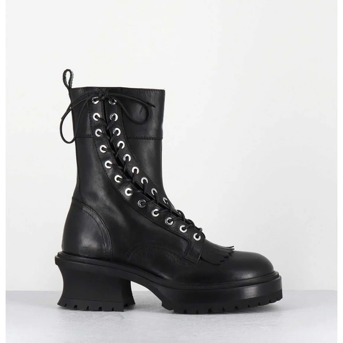 Boots En Cuir Noir Corset Semelle Epaisse - Caro Nero
