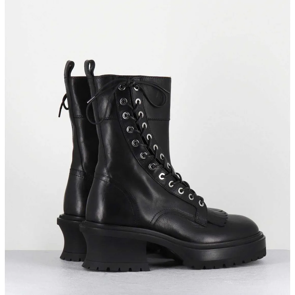 Boots En Cuir Noir Corset Semelle Epaisse - Caro Nero