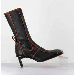 Boots En Cuir Noir Coutures Graphiques Oranges - Eimi Black Boots