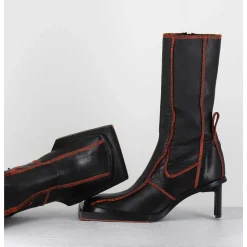 Boots En Cuir Noir Coutures Graphiques Oranges - Eimi Black Boots