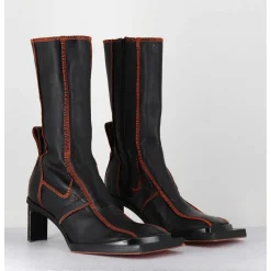 Boots En Cuir Noir Coutures Graphiques Oranges - Eimi Black Boots