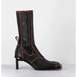 Boots En Cuir Noir Coutures Graphiques Oranges - Eimi Black Boots