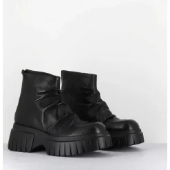Boots En Cuir Noir Plisse Semelle Epaisse - Gant Glove Nero