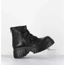 Boots En Cuir Noir Plisse Semelle Epaisse - Gant Glove Nero