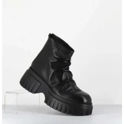 Boots En Cuir Noir Plisse Semelle Epaisse - Gant Glove Nero