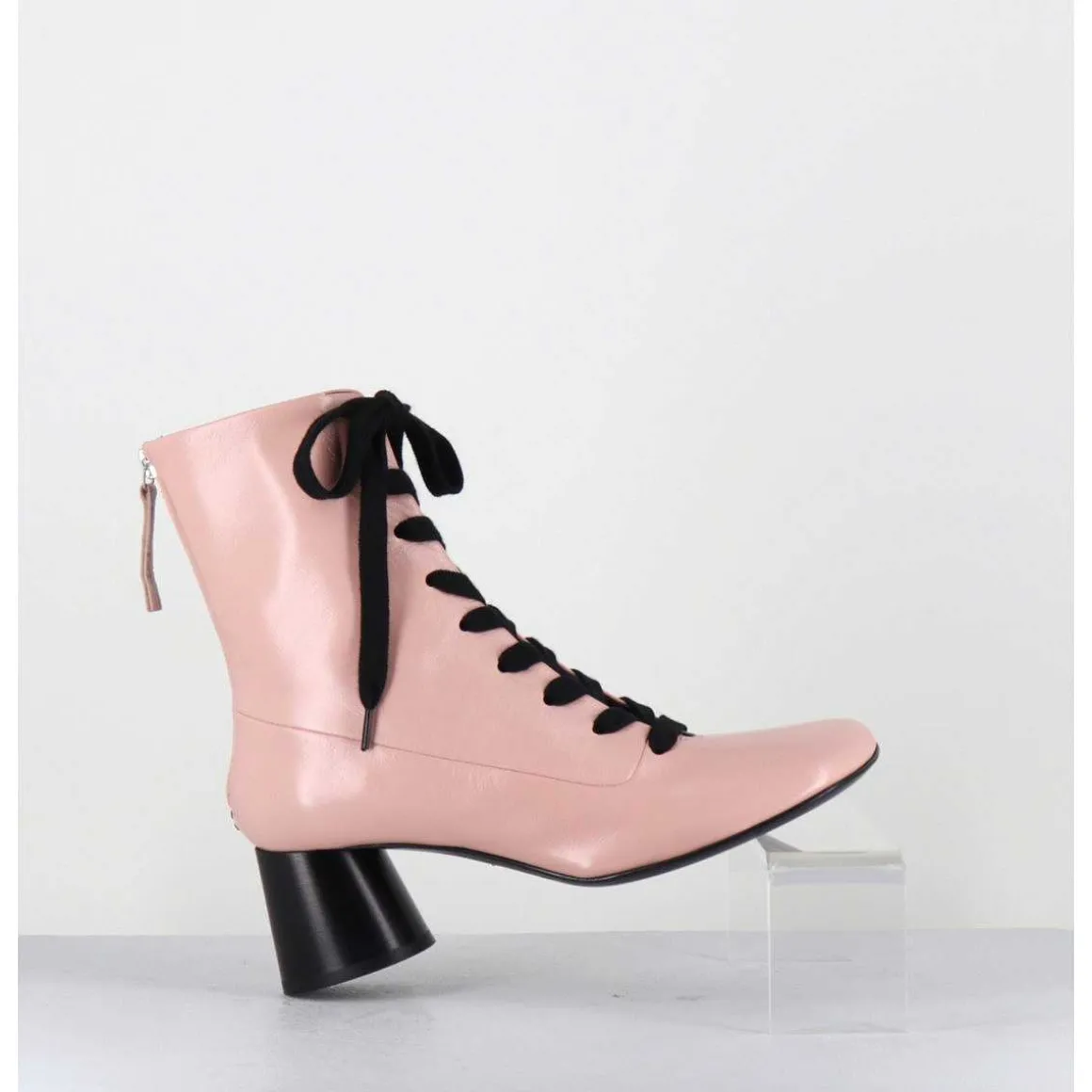 Boots En Cuir Rose Poudre A Lacets Noir Talon Geometrique - Dani14 Glaze Rosa