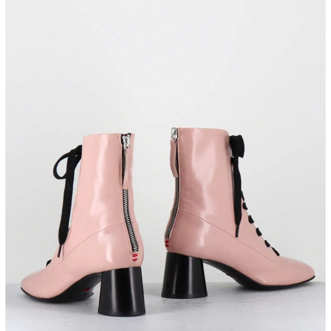 Boots En Cuir Rose Poudre A Lacets Noir Talon Geometrique - Dani14 Glaze Rosa